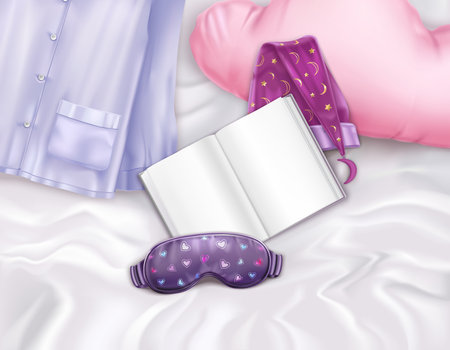 Realistic composition with sleep accessories pillow and book on bed vector illustrationのイラスト素材