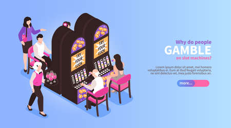 Isometric casino horizontal banner with editable text slider button and images of people at gambling machines vector illustrationのイラスト素材
