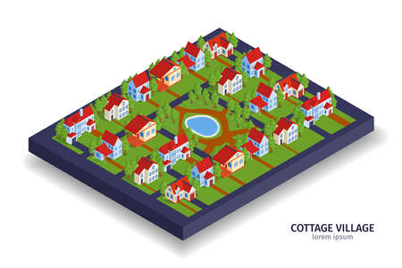 Isometric private town houses composition with view of modern district and homestead with cottages and text vector illustrationのイラスト素材