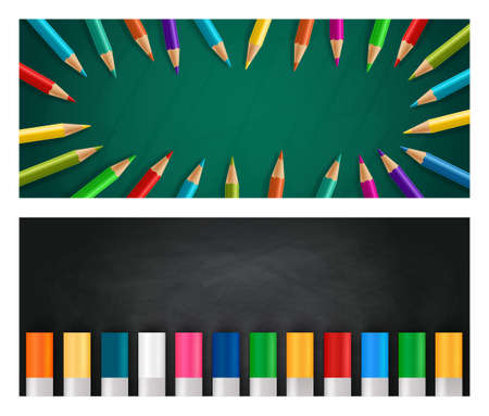 Back to school realistic horizontal banners set with colorful crayons and pencils on chalk board background isolated vector illustrationのイラスト素材