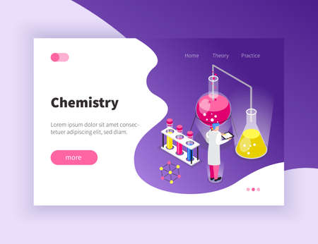Chemistry isometric composition with clickable button links editable text and images of scientist with test tubes vector illustrationのイラスト素材