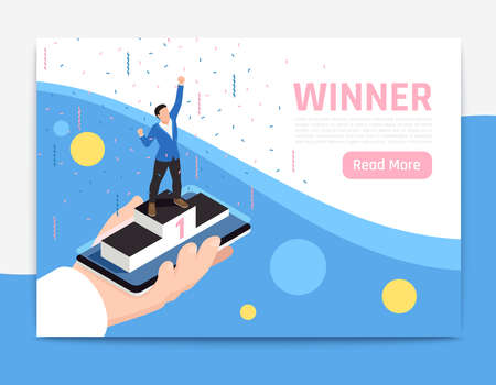 Isolated isometric winner banner with abstract composition and pink read more button composition...