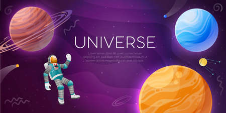 Universe colorful background horizontal banner poster with astronaut in open space celestial bodies...