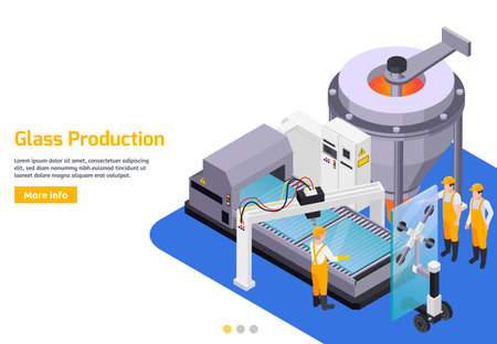 Glass production isometric background with editable text read more button and composition of glass works machinery images vector illustrationのイラスト素材