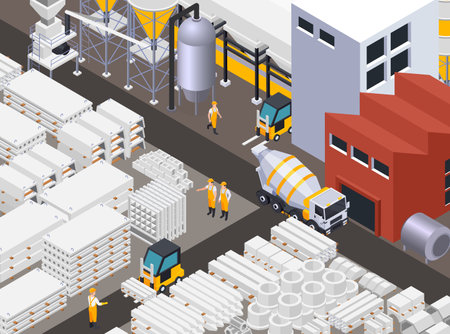 Concrete cement production composition with factory buildings mixer truck and concrete goods being loaded by workers vector illustrationのイラスト素材