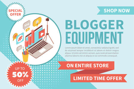 Blogger equipment banner isometric background with advertising text festive ribbons and images of home video technician vector illustrationのイラスト素材