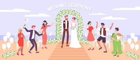 Wedding ceremony on sea beach with just married couple under wedding arc decorated with flowers vector illustrationのイラスト素材