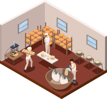 Dairy production concept with cheese making symbols isometric vector illustrationのイラスト素材
