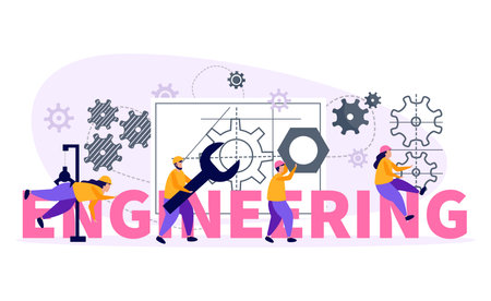 Engineer concept illustration with equipment and work symbols flat vector illustrationのイラスト素材