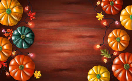Halloween background with colorful pumpkins autumn leaves and string light on wooden surface realistic vector illustrationのイラスト素材
