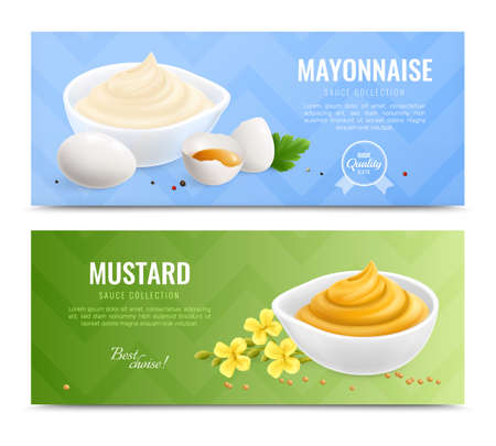 Two horizontal mustard realistic banner set with mayonnaise and mustard sauce collection descriptions vector illustrationのイラスト素材