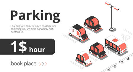 Advertising banner car isometric background with view of parking spots with cars and text with price vector illustrationのイラスト素材