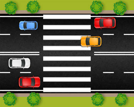 Road city street transport composition with top view of motorway section with cars and crosswalk stripes vector illustrationのイラスト素材