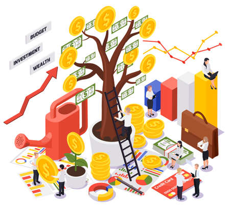 Colored wealth management isometric concept with abstract situation and big money three vector illustrationのイラスト素材