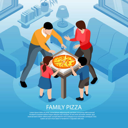 Isometric street food background with indoor domestic scenery and characters of family members with pizza box vector illustrationのイラスト素材