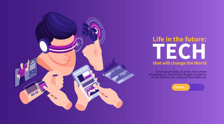 Isometric technologies future horizontal banner with slider button text and images of wearable...