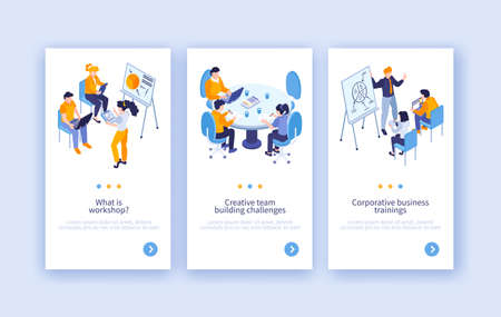 Set of three isometric business training vertical banners with page switch buttons text and human characters vector illustrationのイラスト素材