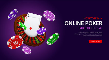 Online poker game winning realistic deep purple background horizontal banner with chips cards roulette wheel vector illustrationのイラスト素材