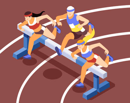 Sport track race competition isometric background compositions with sprinting athletes running hurdles jumping over obstacles vector illustrationのイラスト素材