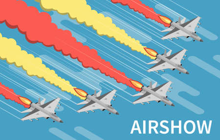 Military airshow aircraft painting sky with red yellow trails isometric top view blue background...