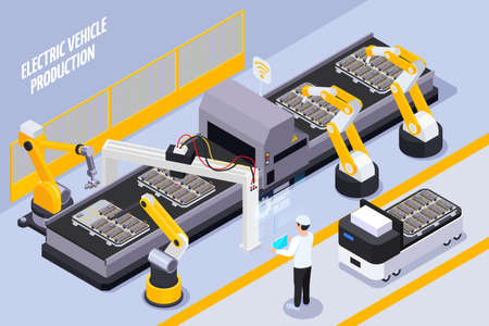 Electric vehicles production line isometric composition with automated remote controlled robotic arms assembly conveyor system vector illustrationのイラスト素材