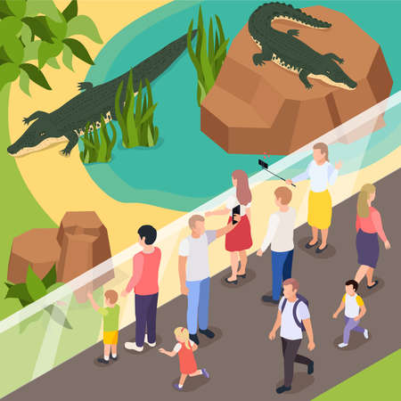 Exotic animals in zoo isometric composition with visitors making selfie with two crocodiles in pond vector illustrationのイラスト素材