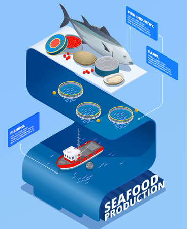 Fish industry seafood production isometric infographics with text caption blocks and images of fishing drift nets vector illustrationのイラスト素材