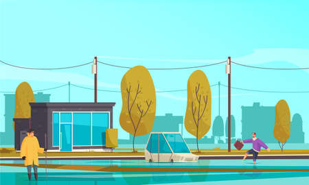 Natural phenomena background with flood and people symbols flat  vector illustrationのイラスト素材