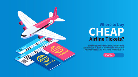 Cheap flights airline tickets book trip online horizontal isometric web banner with airplane passport blue background vector illustrationのイラスト素材