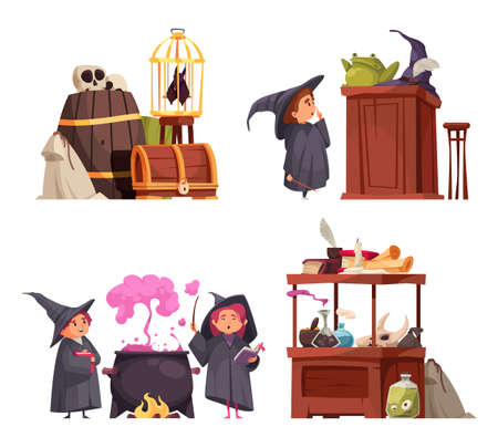 Set of four isolated magic school compositions with doodle characters of students in hats and goods vector illustrationのイラスト素材