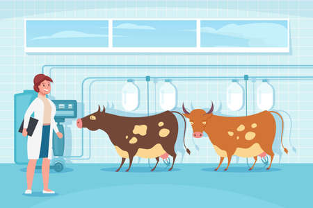 Mechanized milking cows flat composition with indoor scenery and doodle female character with animals and machinery vector illustrationのイラスト素材