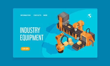 Isometric robot automation landing page with links industry equipment headline and learn more button...