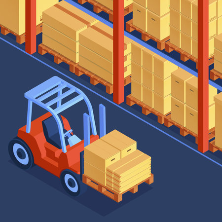 Isometric cardboard boxes composition with indoor view of warehouse with racks filled with packages and forklift vector illustrationのイラスト素材