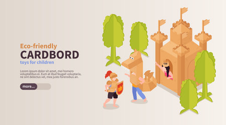 Eco friendly toys for children horizontal banner with boy and girl playing with cardboard castle and dragon isometric vector illustrationのイラスト素材