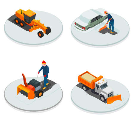 Snow cleaning machinery isometric 2x2 design concept set of shovel handle snowplow and industrial transport for snow removal isometric vector illustrationのイラスト素材