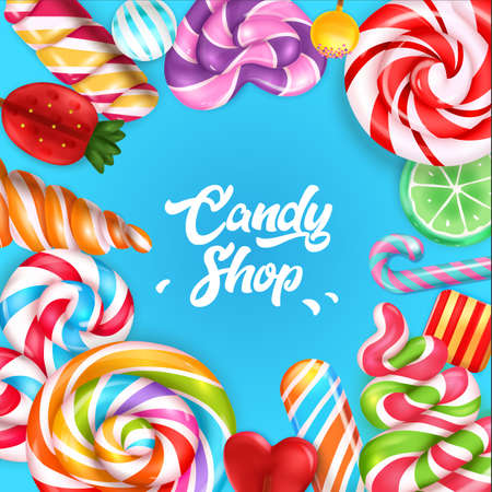 Candy shop blue background framed by colorful sweets and lollipops with striped swirls realistic vector illustrationのイラスト素材