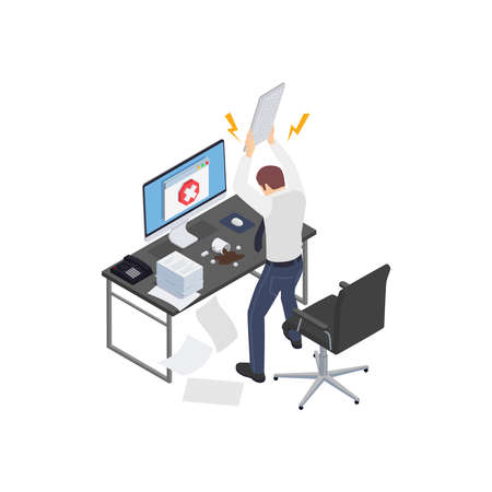 Professional burnout depression frustration isometric composition with office worker crushing computer vector illustrationのイラスト素材