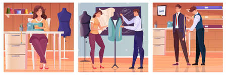 Tailoring illustrations flat set of tailor taking measurements from client masters modeling clothes and seamstress at sewing machine isolated vector illustrationのイラスト素材