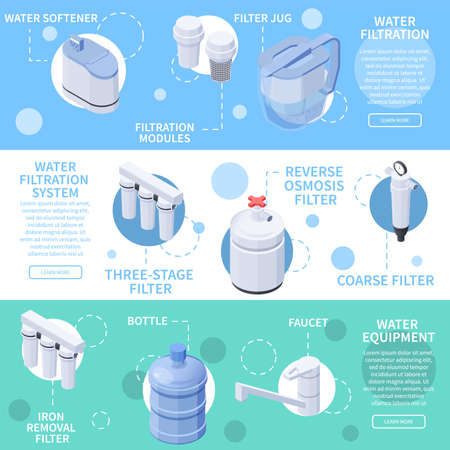 Water filtration isometric horizontal banners set with filters faucet bottle 3d isolated vector illustrationのイラスト素材