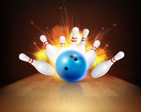 Bowling realistic fire composition with view of lane with ball and pins under strike with flame vector illustrationのイラスト素材