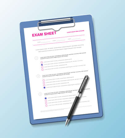 Realistic test paper questionnaire composition with exam sheet on holder pad with pen on gradient background vector illustrationのイラスト素材