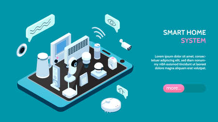 Smarthome system background horizontal web banner with remotely controlled home appliances on smartphone screen isometric vector illustrationのイラスト素材