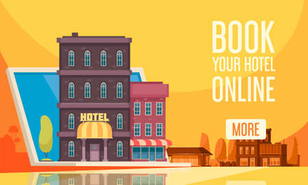 Flat travel booking hostel composition with book your hotel online and more button vector Illustrationのイラスト素材
