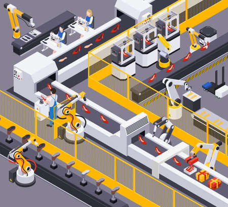 Footwear shoes production isometric composition with view of industrial conveyor operated by workers with stiletto shoes vector illustrationのイラスト素材