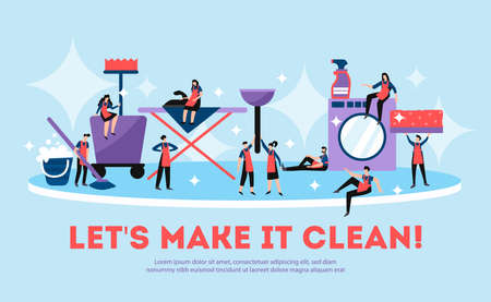 Professional cleaning service funny composition advertisement poster with team members sitting on iron board washing machine vector illustrationのイラスト素材