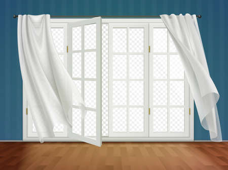 Open window billowing curtains indoor composition with transparent view from window and hanging curtains with rod vector illustrationのイラスト素材