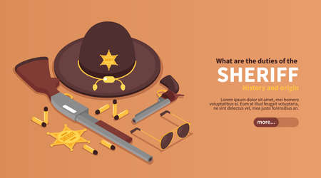 Isometric sheriff horizontal banner with editable text slider button and elements of marshals items...