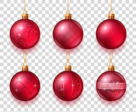 Glowing red balls with different patterns for christmas tree isolated on transparent background vector illustrationのイラスト素材