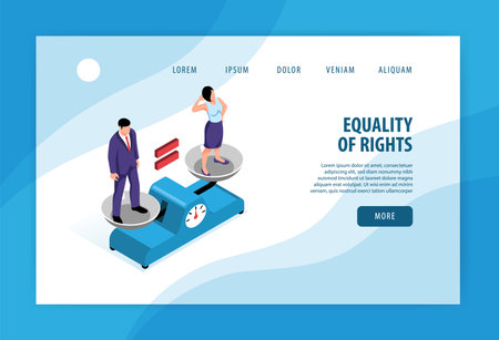 Isometric feminism concept banner for web site page with man and woman standing on pan balance vector illustrationのイラスト素材