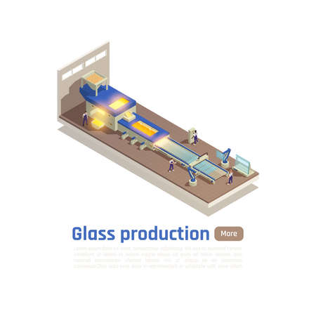 Flat glass sheets production line isometric composition with furnace floating molted glass on metal bed vector illustrationのイラスト素材